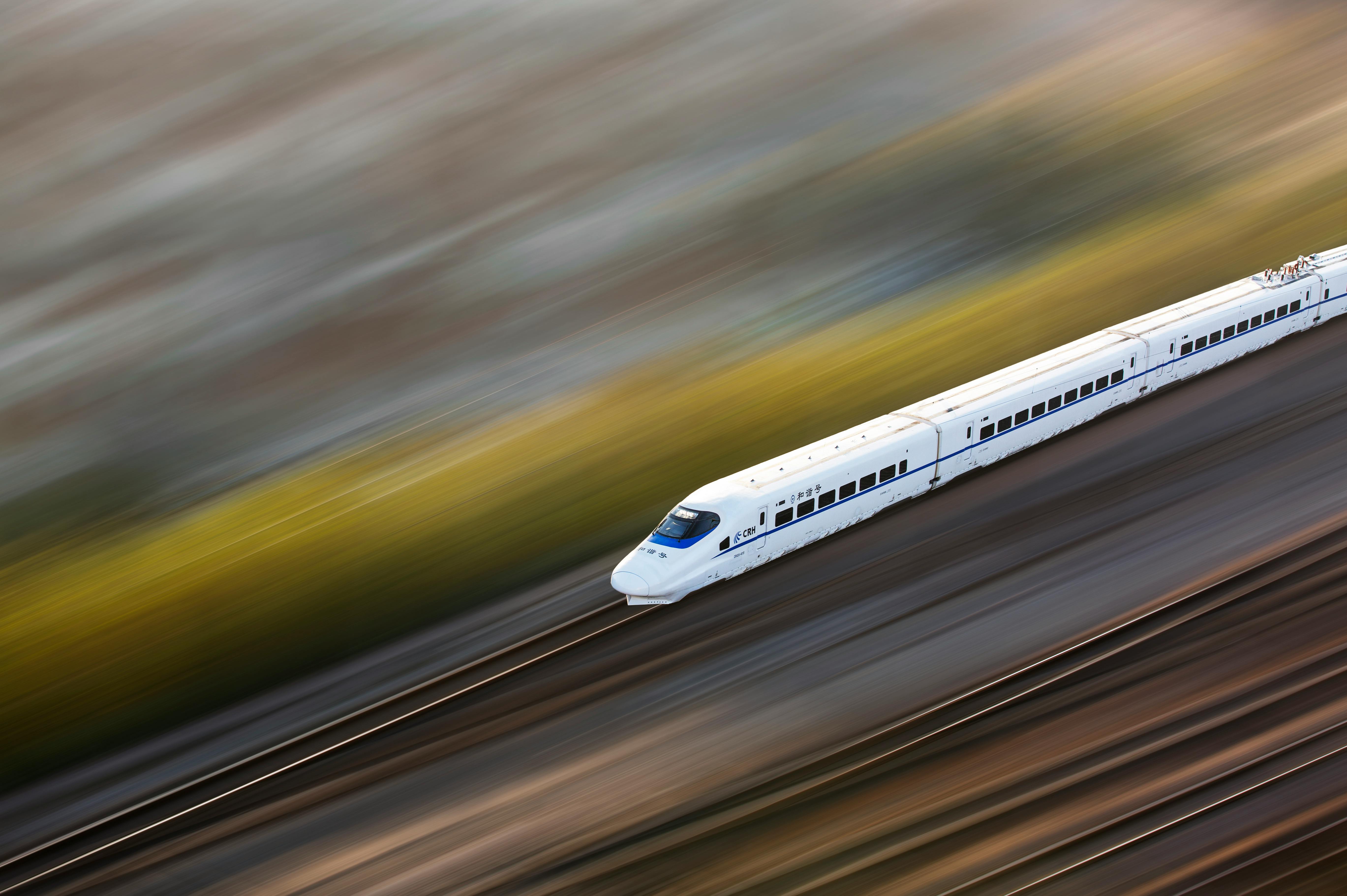 A high-speed train or motion blur representing fast and efficient performance